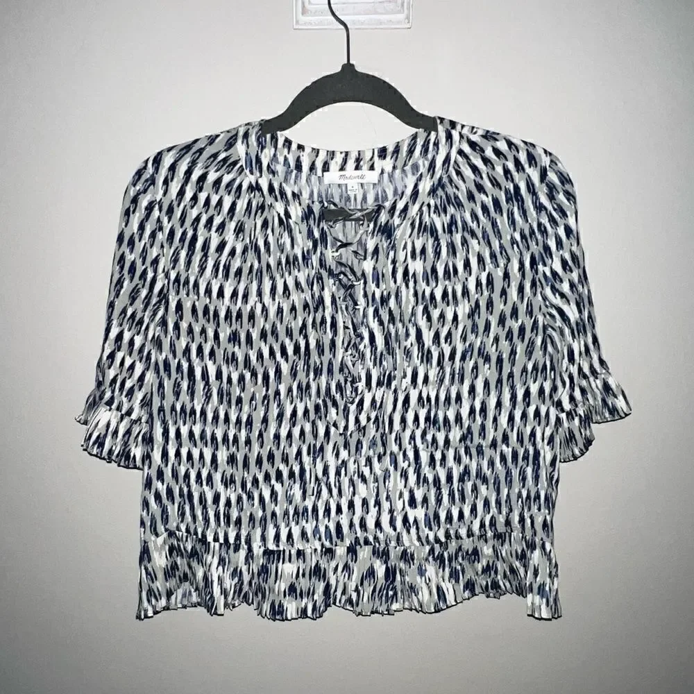 Madewell Sunpleat Lace-Up Top w/Painted Feathers - Sz S